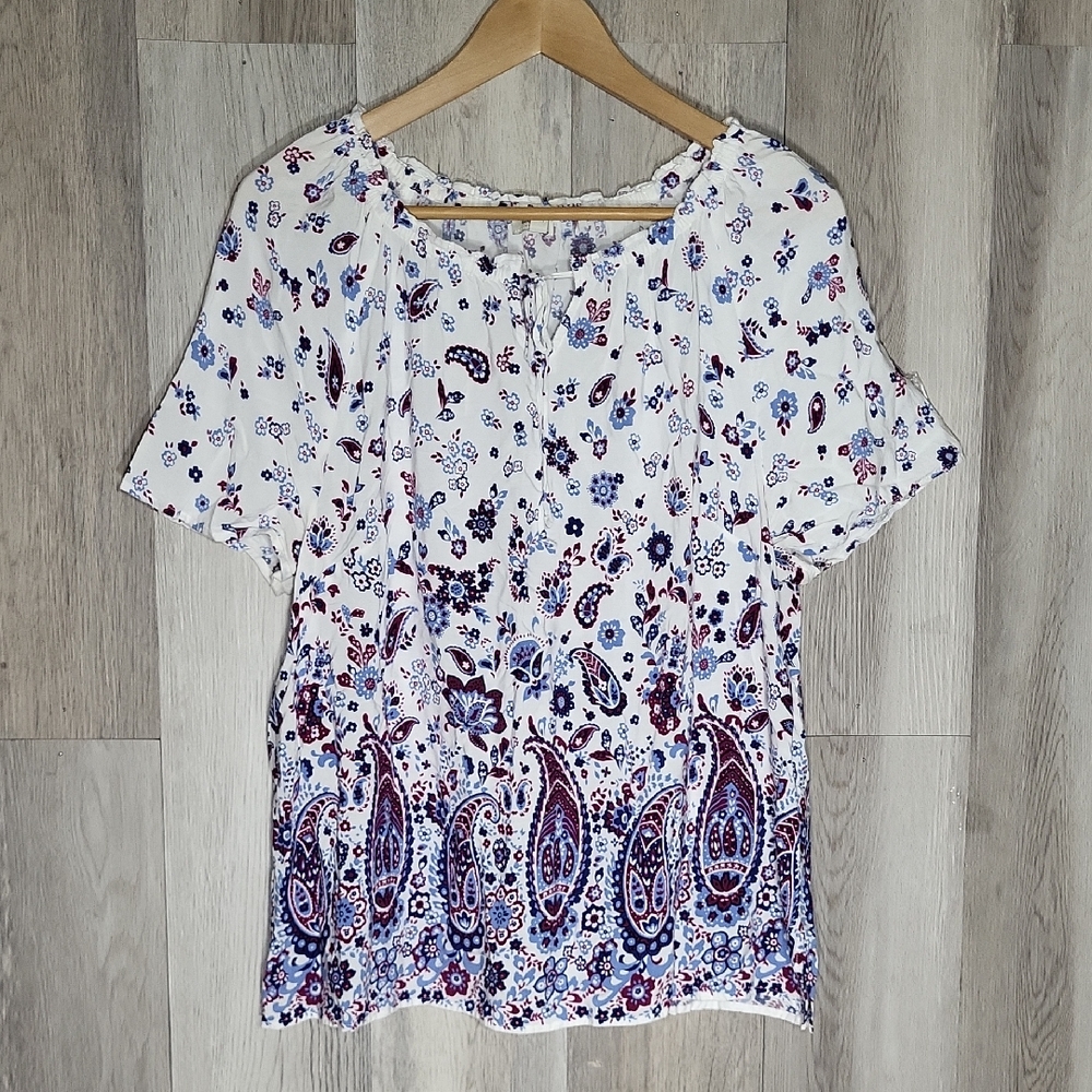 Talbots Womens Large Petite Paisley Blouse Floral Tassels Lightweight Americana